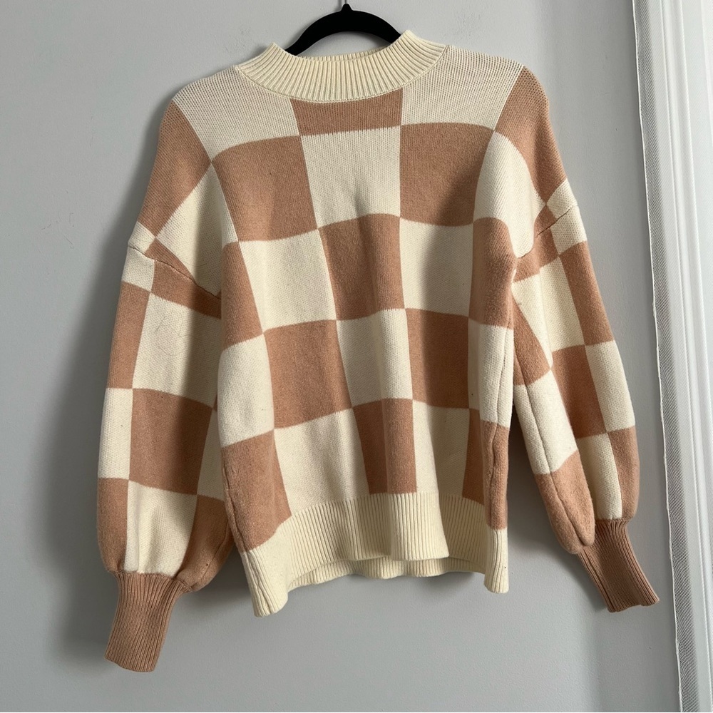 Checkered Cream and Tan Sweater - Picture 2 of 7